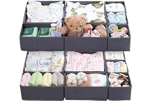 ORLISA 14 Pack Baby Clothes Drawer Organizer - Nursery Dresser Organizer Bins Set (3 Sizes) - Foldable & Washable Storage Bins for Baby Clothes, Infant Clothing, Socks & Accessories - Grey