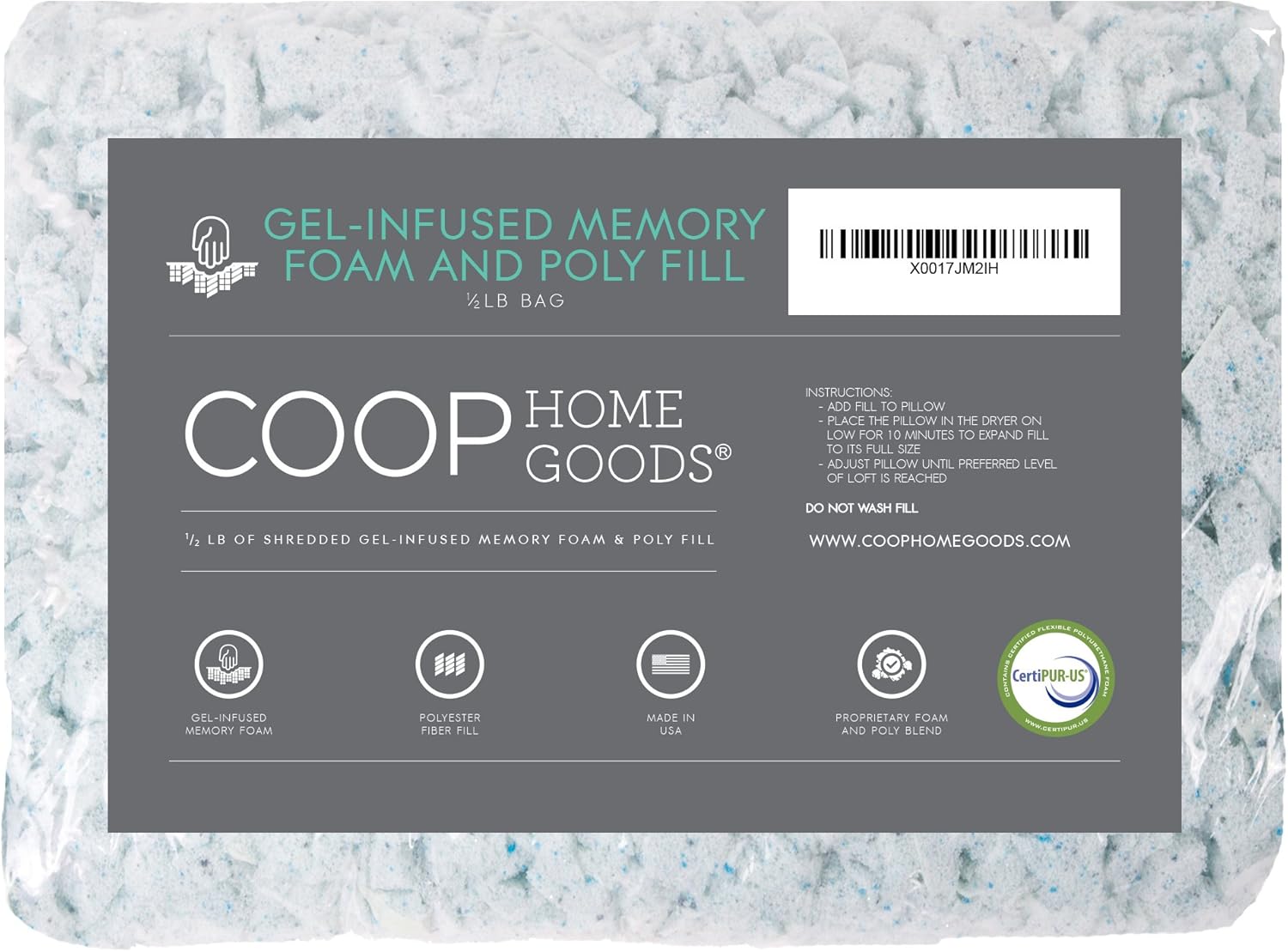 Coop Home Goods - Adjustable Shredded Gel Memory Foam and Poly Fiber Fill - for Eden Pillow - ½ lb - CertiPUR-US Certified