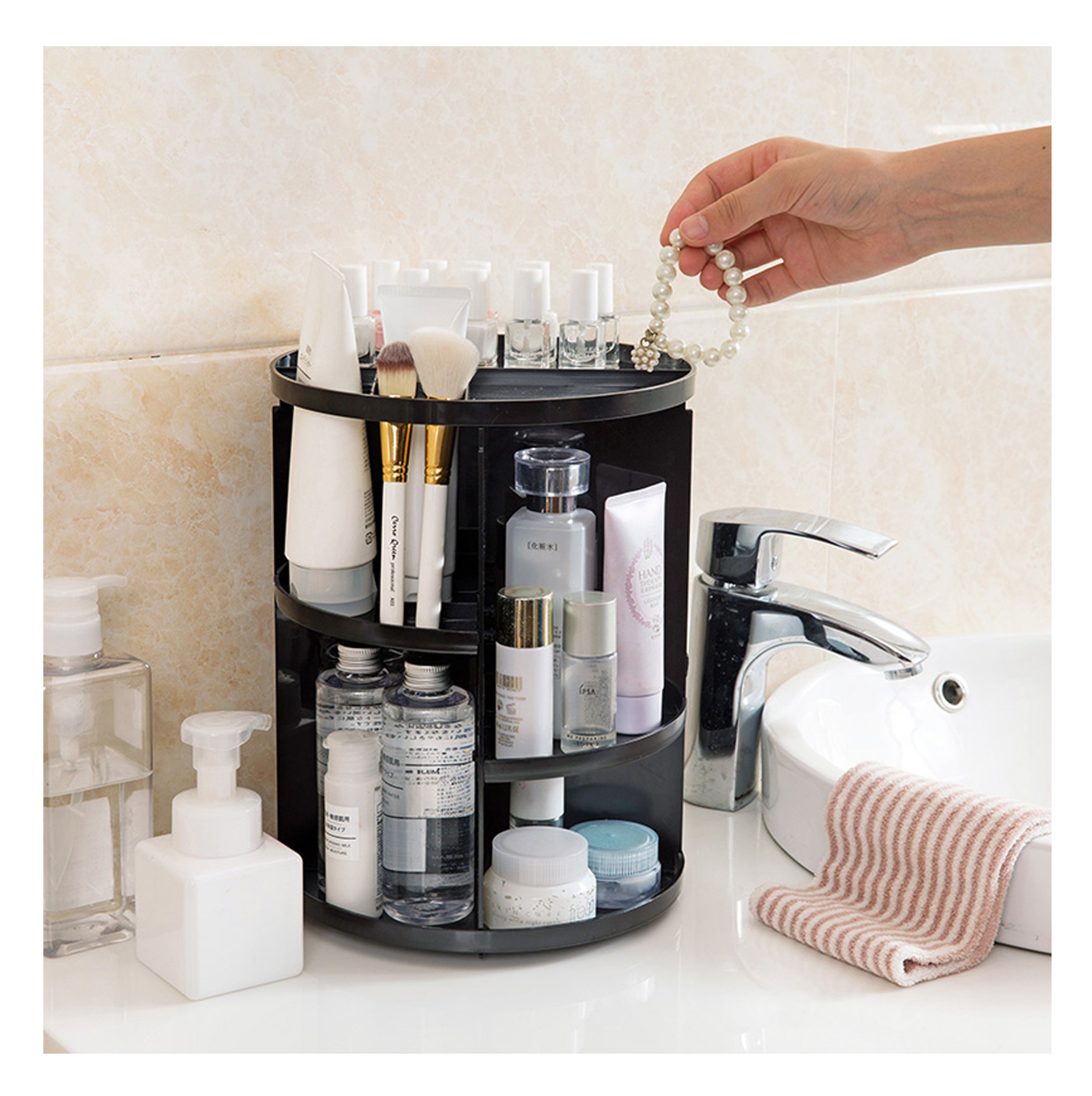 JJMG NEW 360° Rotation Table Top Make Up Organizer - Plastic Black Cosmetic Storage Case