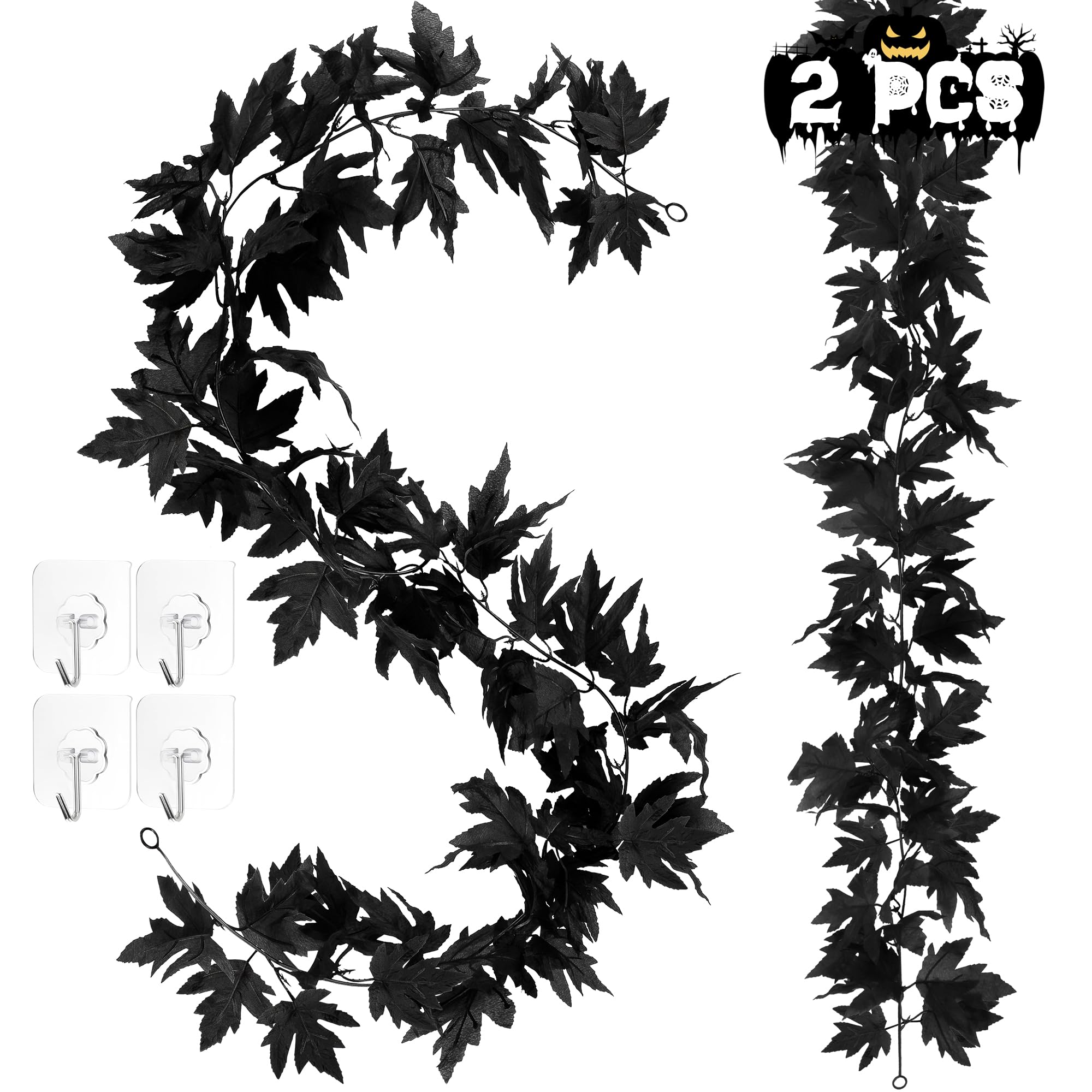 Photo 1 of 11.8FT Halloween Garland, 2 Pack Black Maple Leaf Garland, Realistic Halloween Hanging Fall Leaves Vines, Artificial Decorations Leaves Garlands Decor Outdoor Indoor Mantel Stair Decor