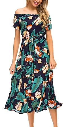 KorMei Damen Blumen Sommerkleider Schulterfreies Strandkleid Abendkleid Party Cocktailkleid Maxi Kleid