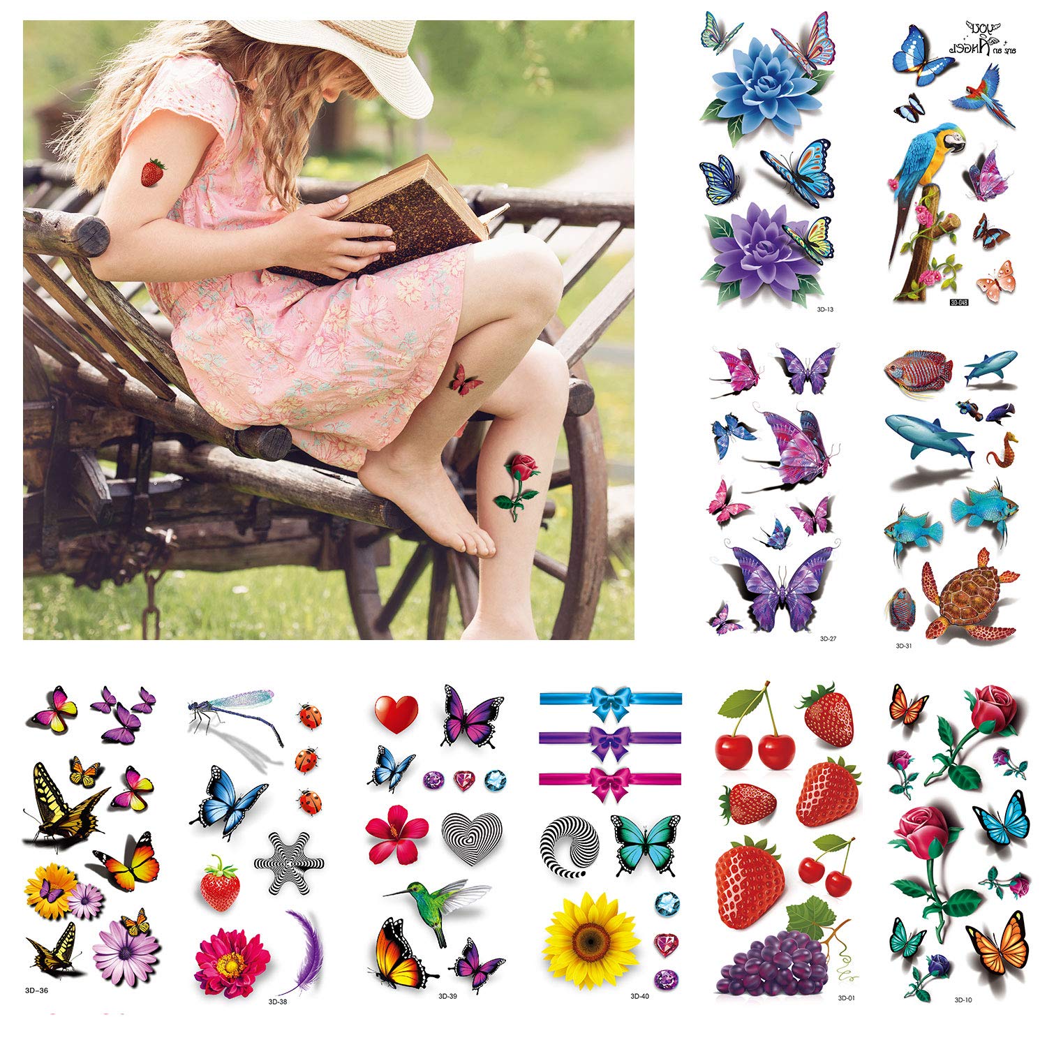 3D Temporary Tattoos for Kids 10 Sheets,Beautiful Small Tattoo Stickers for Children,Colorful Waterproof Fake Tattoos for Boys Girls