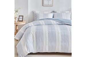 WARMDERN Striped Duvet Cover Blue King, Blue with White Striped Weave Pattern Bedding, Microfiber Soft Textured Duvet Cover S