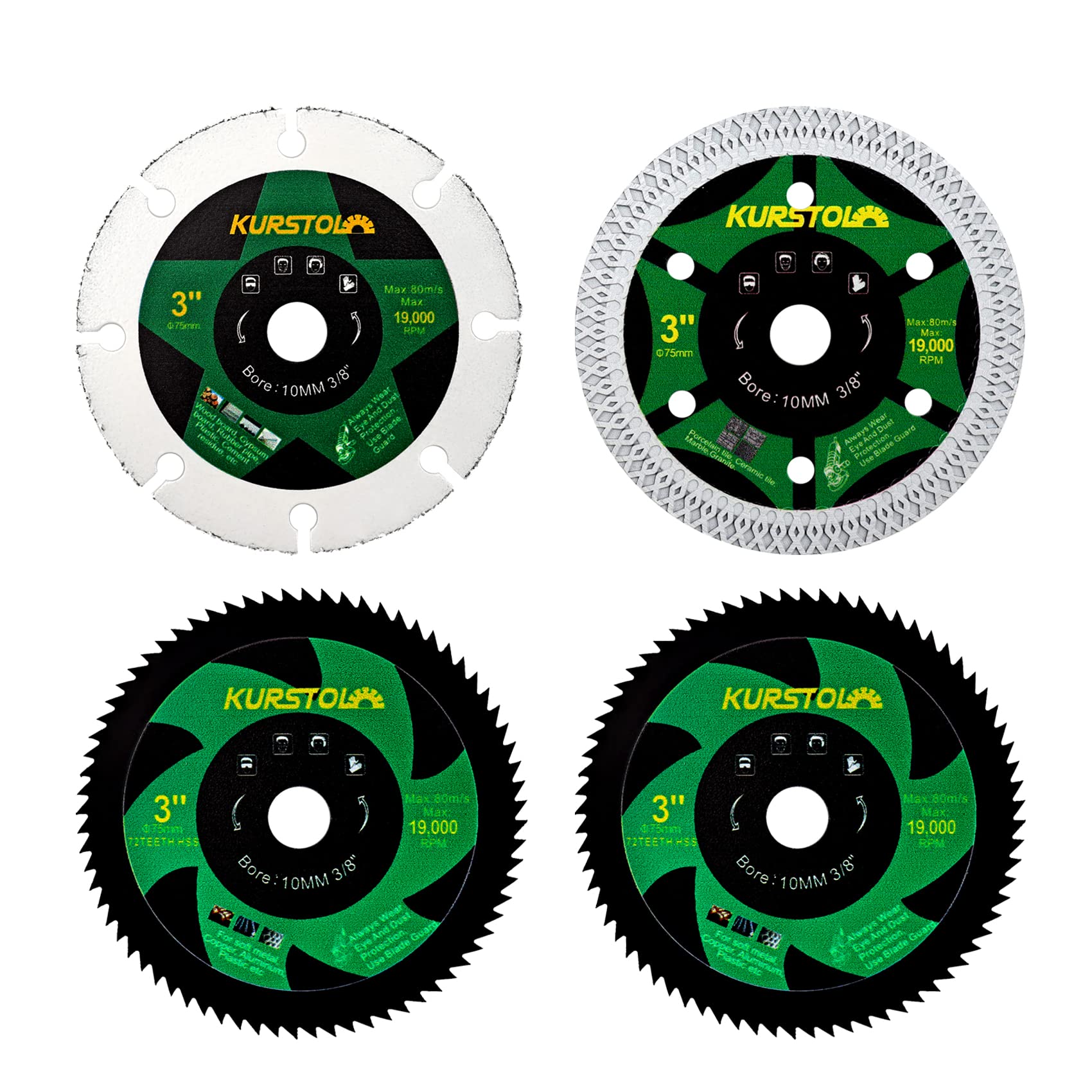 KURSTOL Cutting Disc Set for Angle Grinder with 3/8"(10mm) Bore - Pack of 4pcs 75mm HSS/Carbide/Diamond Cutting Wheel for Soft Metal,Wood,Plastic,Tile Cutting Disc — image 1