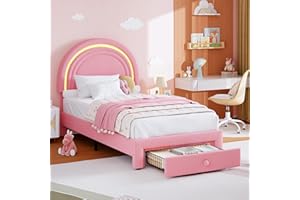 GarveeHome Twin Upholstered LED Bed Frame - with Storage Drawer and Rainbow Headboard, Berber Fleece Princess Platform Bed for Kids, Solid Wood Slats Support, No Box Spring Needed, Easy Assembly, Pink