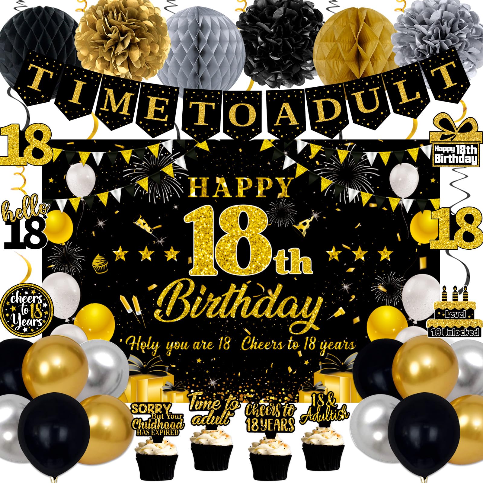 Photo 1 of 18th Birthday Decorations for Boys Girls, Black Gold Happy 18th Birthday Party Decorations, Time To Adult Birthday Banner, Backdrop, Balloons, Hanging Swirls, BIrthday Cards, Cake Topper, Pompom 52pcs