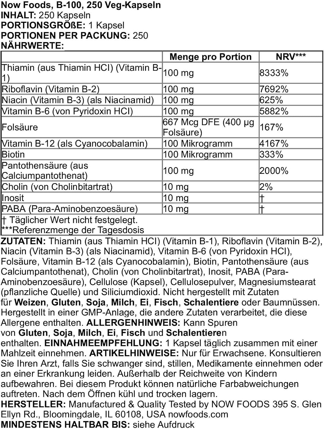 NOW Supplements, Vitamin B-100, Energy Production*, Nervous System Health*, 250 Veg Capsules: Health & Personal Care