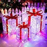 Set of 3 Christmas Lighted Gift Boxes with 50 LEDs,Outdoor Christmas Decorations,8 Modes RGBW Lights,Battery Operated Light Up Present Boxes for Christmas Trees Indoor Outdoor Home Yard Lawn Decor