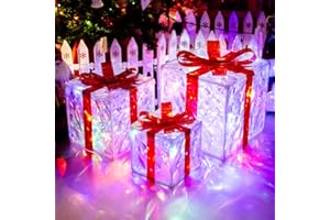 MICLIONLED Set of 3 Christmas Lighted Gift Boxes with 50 LEDs,Outdoor Christmas Decorations,8 Modes RGBW Lights,Battery Operated Light Up Present Boxes for Christmas Trees Indoor Outdoor Home Yard Lawn Decor