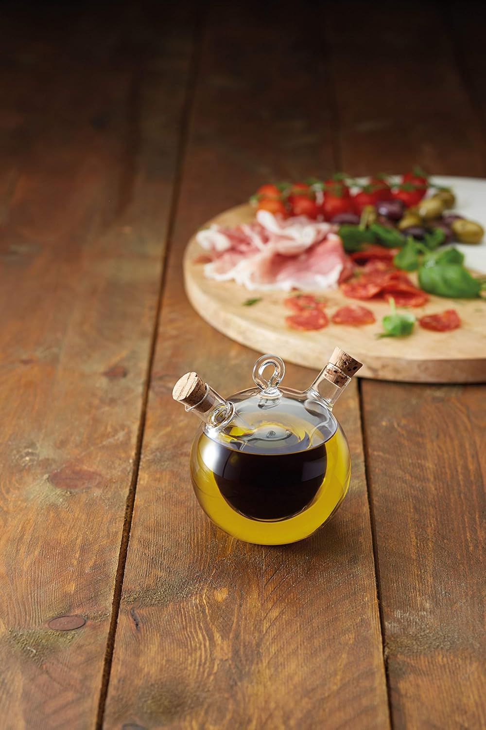 KitchenCraft World of Flavours 2-in-1 Round Olive Oil Dispenser and Vinegar Bottle - Clear Glass, 8.5 x 12 x 1.5 cm - Image 4