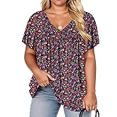 VISLILY Womens-Plus-Size-Summer-Tops Pleated V Neck T Shirts Short Sleeve Blouses Ruffle Flowy Tunics XL-5XL
