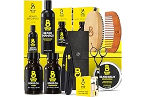 The Beard Club Premium Beard Kit for Men - Grooming & Care Kit - Cedar & Sandalwood Oil, Sandalwood Balm, Shampoo, Brush, Comb, Trimming Scissors, Straight Edge Razor - Gift Set