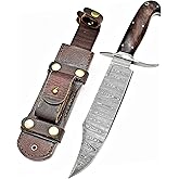 TIGEROUS 13-inch Bowie Knife, Full Tang Fixed Blade, Wood Handle Damascus Steel Hunting Knife with Scout Horizontal Carry Leather Sheath for Camping, Hiking, Survival (Walnut Wood)
