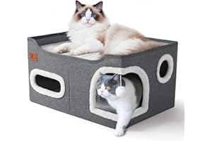 Petizer Cat House for Indoor Cats - Foldable Large Cat Bed Cave with Fluffy Ball and Scratch Pad, Cat Hideaway for Cats, Dark Grey, 23.8 x16.34 x12.8inch (Can Add Pet Heating Pad)