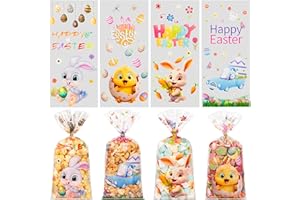 RICEDUO Easter Cellophane Treat Bags, 100 Pieces Stereoscopic Effect Easter Candy Bags with Twist Ties for Kids, 4 Assorted Styles Cello Goodie Cooikes Gift Bags for Spring Party Favor Supplies