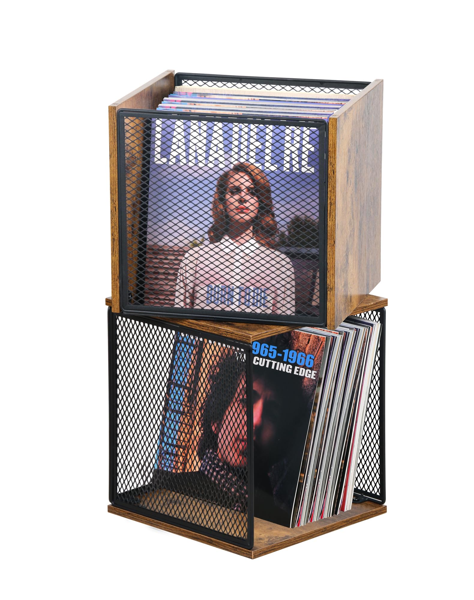 Photo 1 of LOFTEY 2 Pack Vinyl Record Storage, 100-120 Records Vinyl Crate, Stackable Record Holder for 7"-12" Records, Cube Storage Box for Book & Toys, Rustic Brown