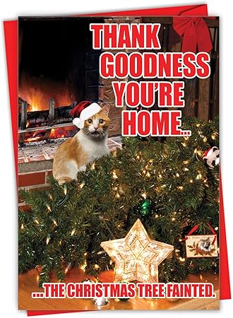Amazon Com Nobleworks Funny Cat Card For Christmas Xmas Holiday Greeting Pet Cats Notecard With Envelope Tree Fainted Cat C2546xsg Office Products