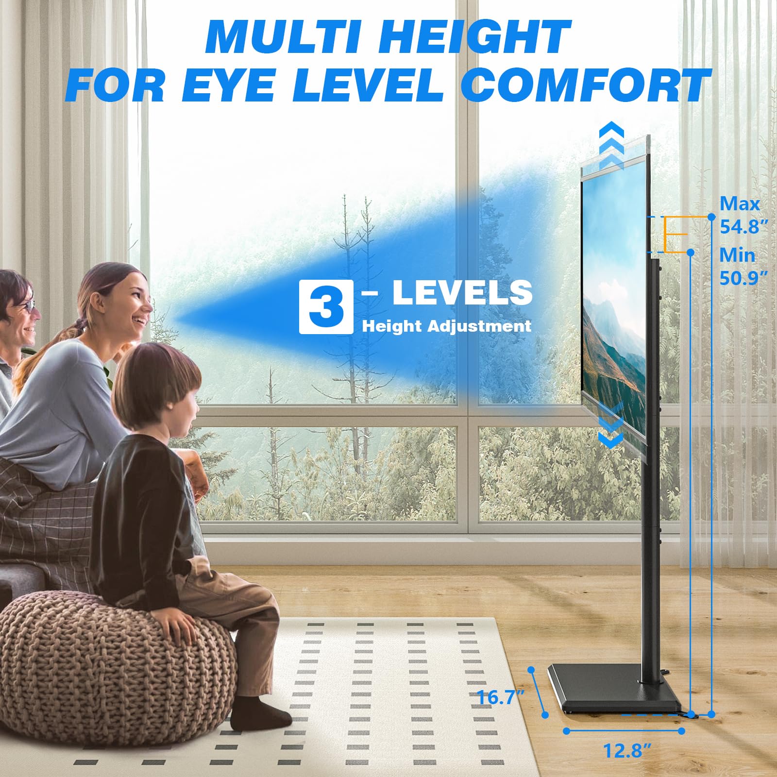 Rfiver Swivel Floor TV Stand with Mount for 32-60 inch TVs up to 88 lbs, Height Adjustable Tall TV Stand with Wood Base, Saving Space Design for Bedroom, Living Room and Corner, Max VESA 400x400mm