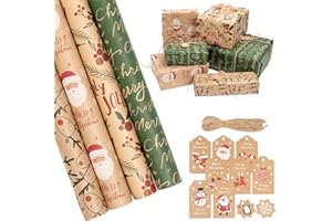 Christmas Wrapping Paper Roll, 4pcs Vintage Brown Kraft Paper Roll with 10pcs Hangtag, Elk Santa Merry Christmas Leaves Desig