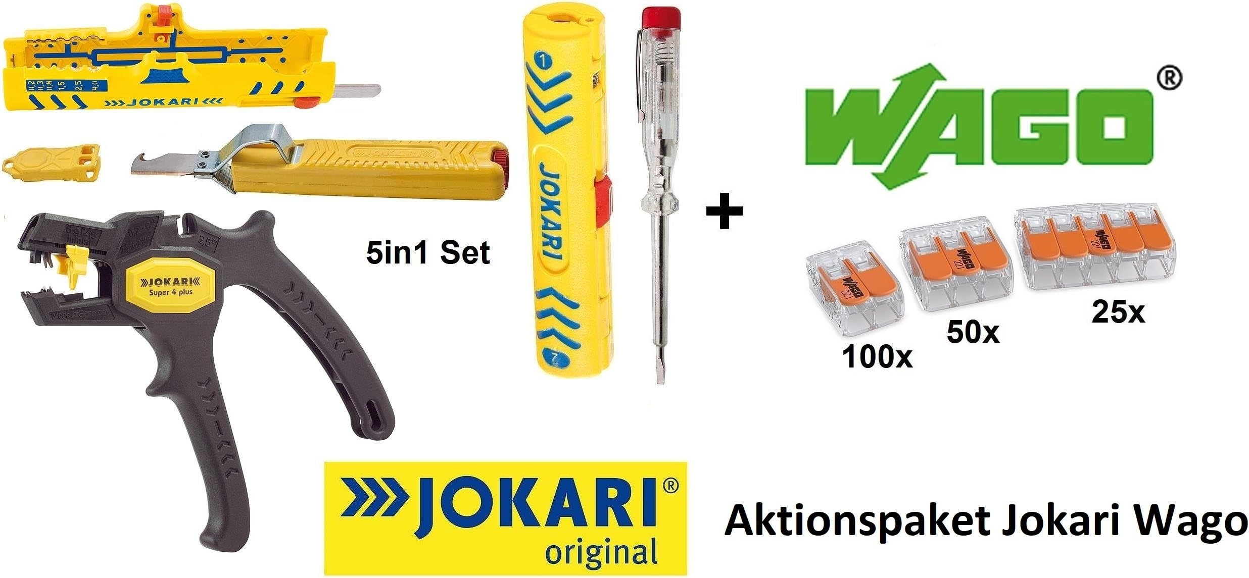 Action Pack WAGO Series 221 Connector Terminals 175 Pieces Includes 1 Jokari T30600 Secura Single No. 1 – JOKARI SECURA Super Stripper No. 15 Light Multi Wire Stripper Super 4 plus – 1x stripping knife with hook blade – and 1 Phase Tester Screwdriver