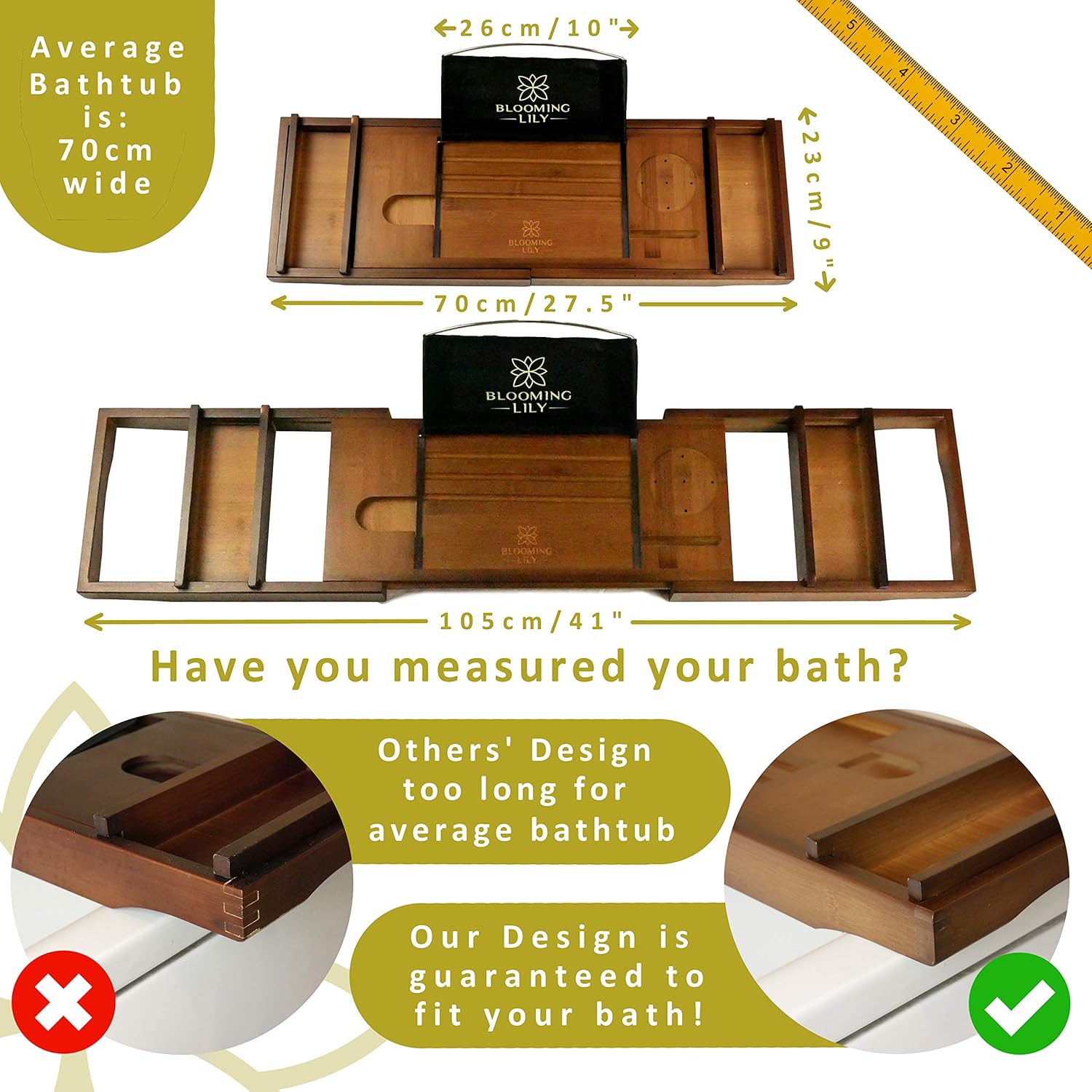 Blooming Lily Bathtub Tray - Sturdily Designed Bath Caddy with Wine Glass Holder, Ipad Stand and More Suitable for Most Baths (Brown): Kitchen & Dining