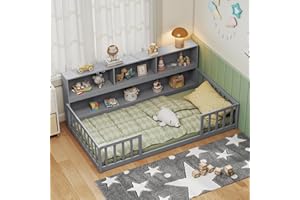 Giantex Twin Floor Bed for Kids, Wooden Montessori Bed Frame with Bookcase, Storage Shelves & Safety Fence Rails, Floor Beds Twin for Girls, Boys, No Box Spring Needed, Without Slats, Grey