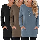 Oakgarden 3 Pack Women's Casual Long Sleeve Tops Crew Neck Pullover Tunic Tees for Leggings Loose Sweatshirts with Pockets