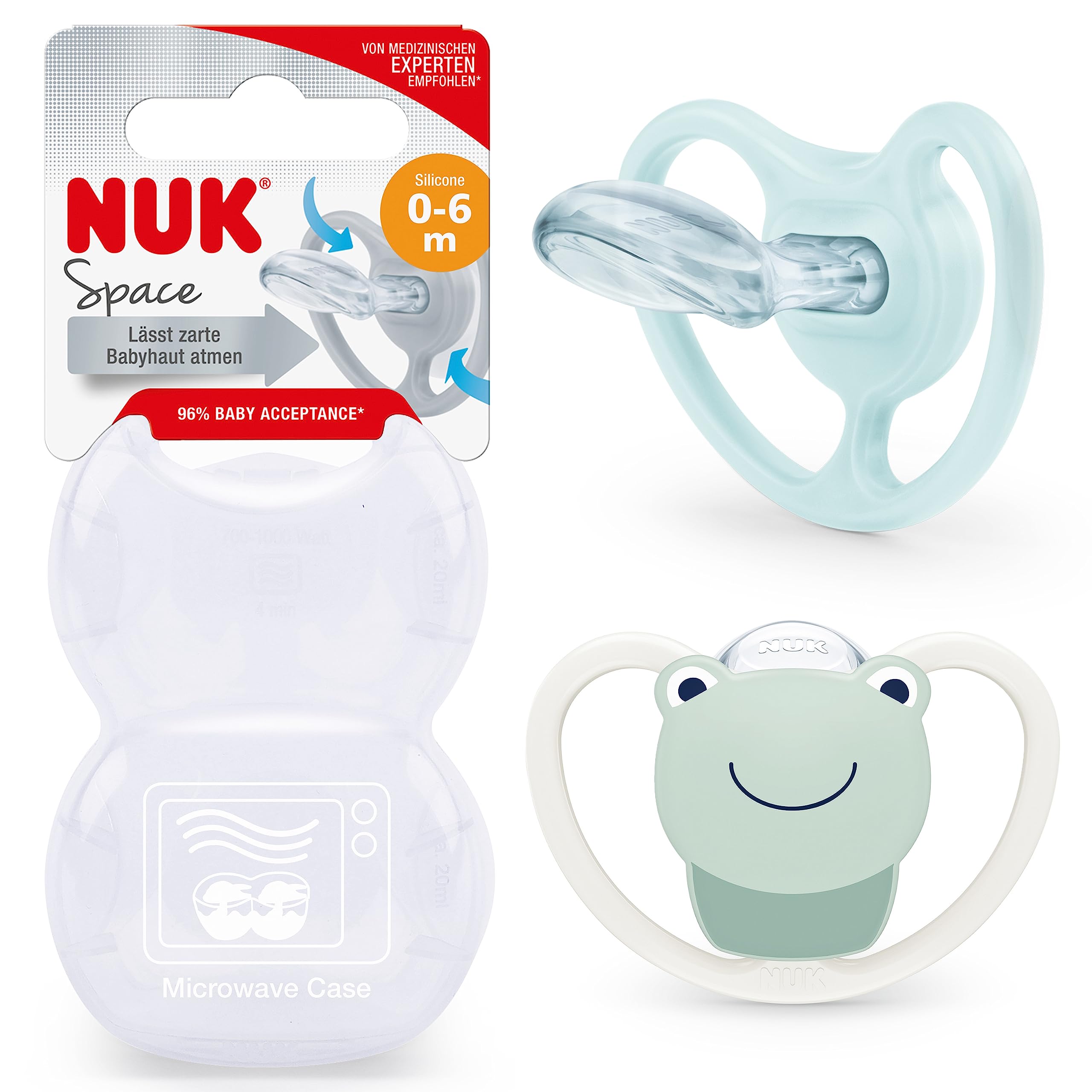 NUK Space Baby Dummy | 0-6 Months | Soothers with Extra Ventilation for Sensitive Skin for Sensitive Skin | BPA-Free Silicone | Frog | 2 Count