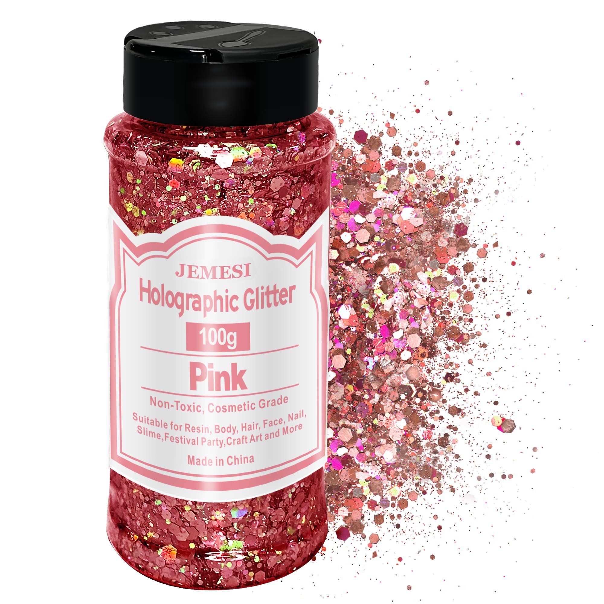 Holographic Chunky Glitter, JEMESI 100g Craft Glitter, Face Glitter, Cosmetic Grade Sequins Glitter for Body, Eyes, Epoxy Resin, Festival Party Art and More - Pink