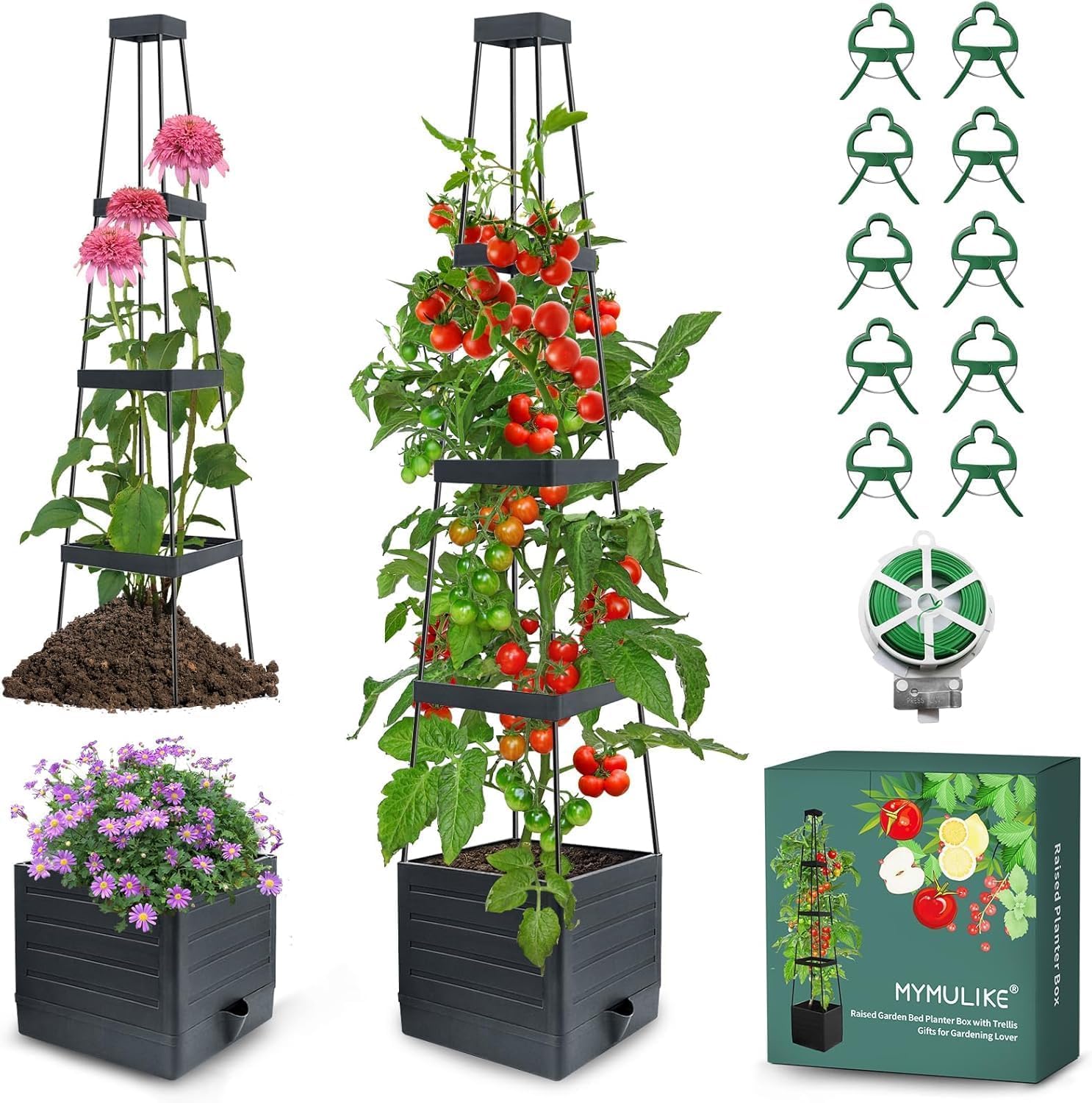 MYMULIKE Raised Garden Bed Planter Box with Trellis,Tomato Cage Planter Raised Garden Bed with Trellis for Climbing Vegetables Plants Tomato Cage w/Self-Watering, Indoor Outdoor Use (1, Black)