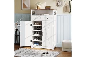 IDEALHOUSE Farmhouse Shoe Storage Cabinet with Doors and Drawers, Freestanding Narrow Shoe Rack with Adjustable Shelves, Entr