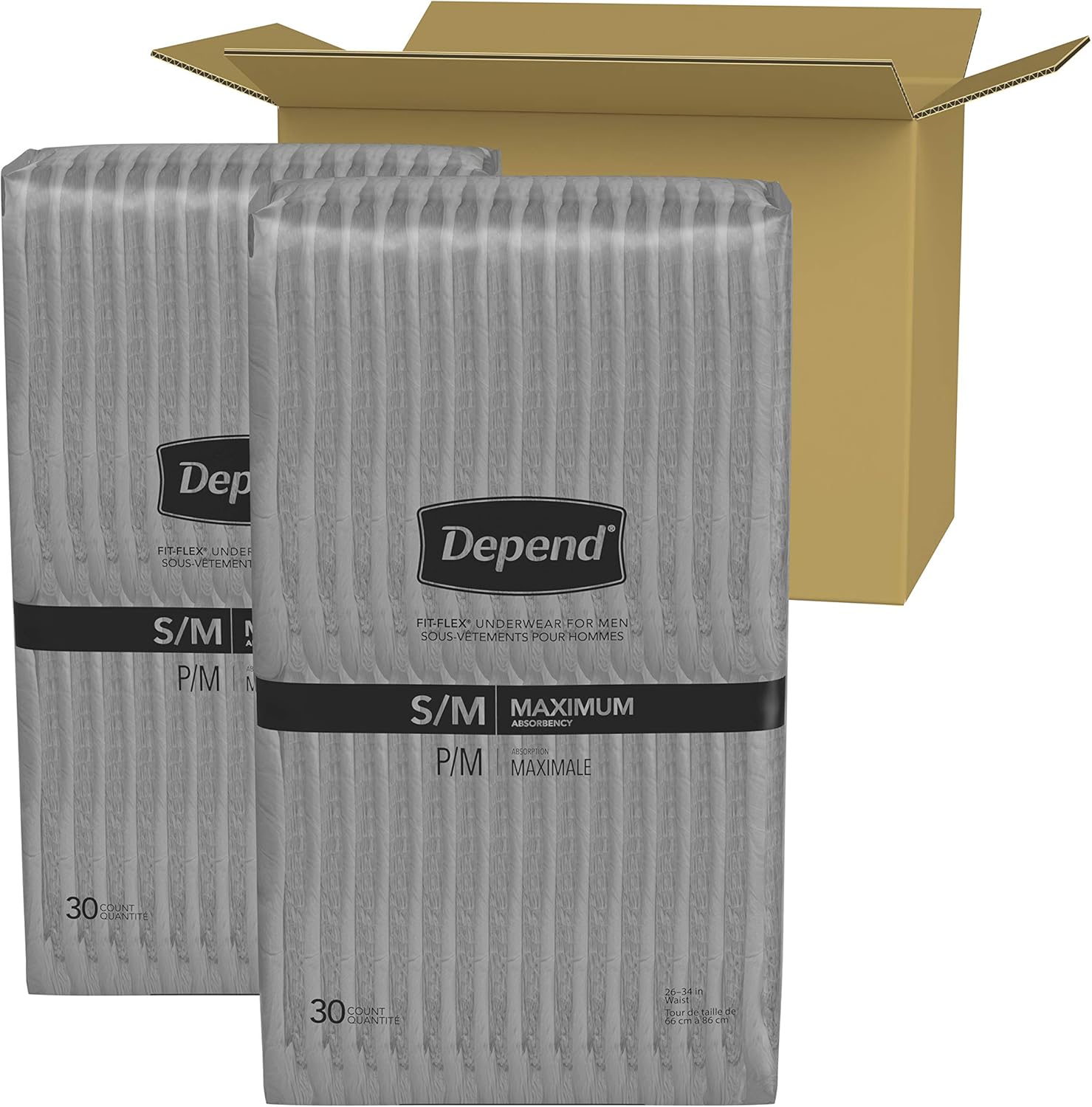 Depend FIT-FLEX Incontinence Underwear for Men, Maximum Absorbency, Disposable, S/M, Grey, 60 Count (2 Packs of 30) (Packaging May Vary): Grocery & Gourmet Food