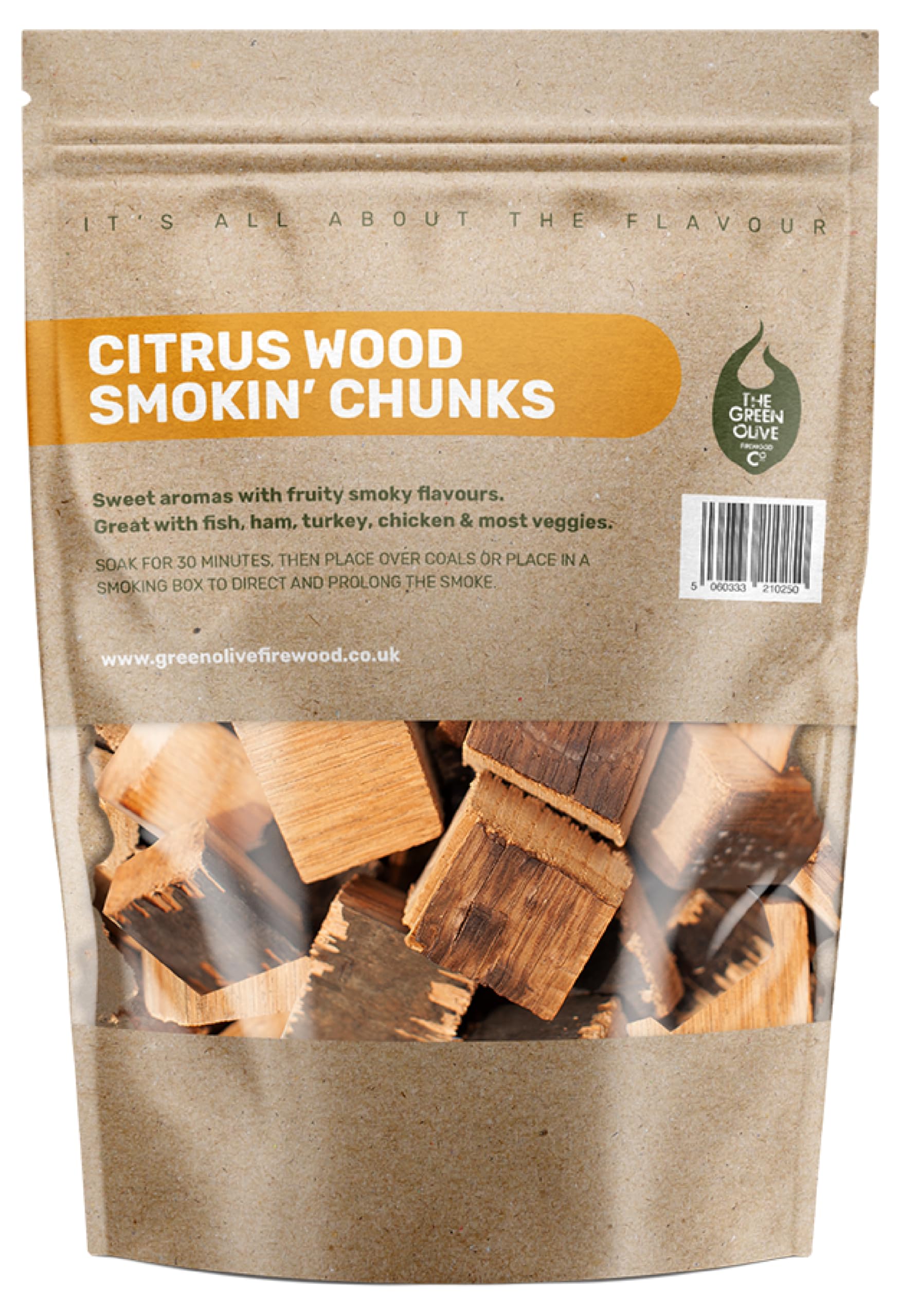 Green Olive Firewood Company - Orange, Lemon, Lime - Wood Chunks Blend for Smoking, 5L (approx 1.5KG) BBQ wood chips for Smoking - Large Mixed Smoking Wood Chips for Charcoal, Gas BBQ's and Smokers