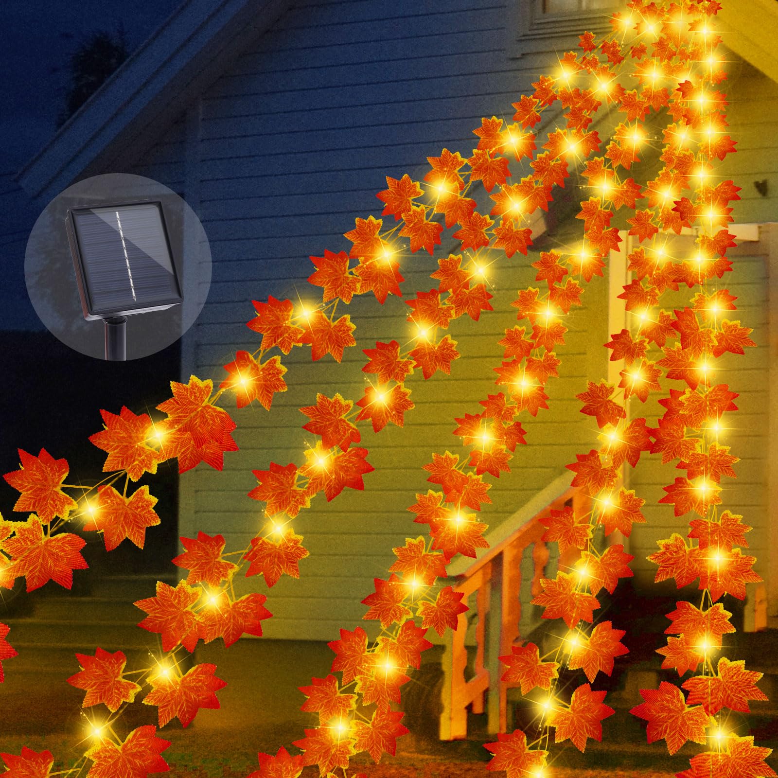 Photo 1 of 13.5FT*5 Branches Maple Leaf with Fairy Lights, Solar Powered Autumn Fall Decor String Lights, 8 Modes Waterproof Triangular Thanksgiving Decorations for Eaves, Tree, Patio, Garden, Yard (Maple Leaf)
