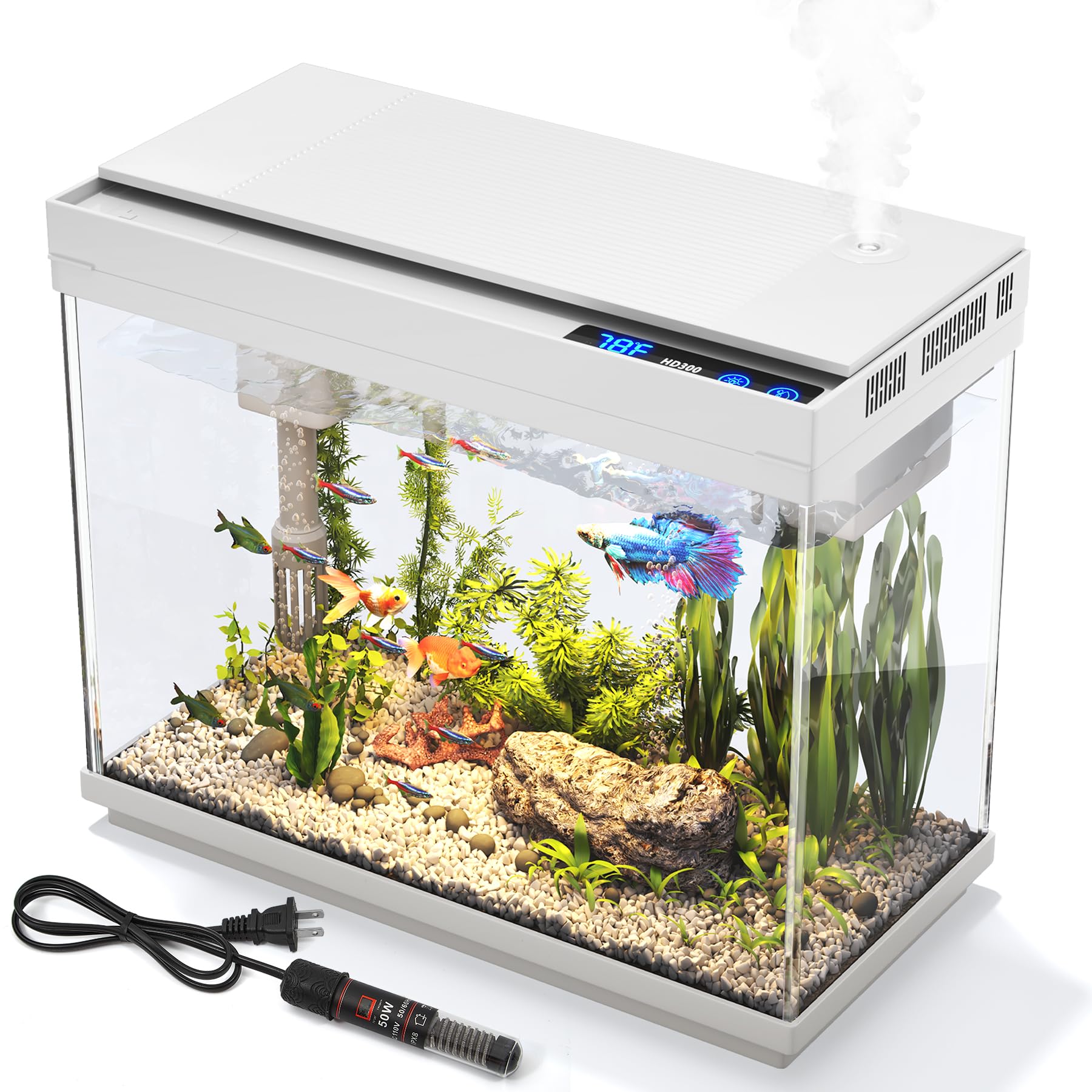 Photo 1 of Vehipa Aquarium, 2.4 Gallon Betta Fish Tank with Heater, Humidifier 3 in 1 Pump - Filteration & Oxygenation & Circulation, Temperature Display, HD Glass, Timed 7-Color Lights