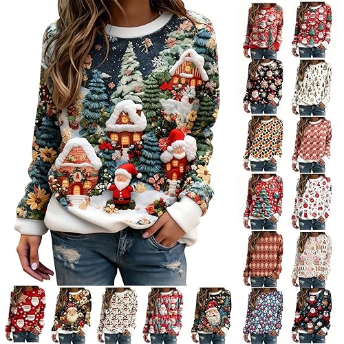 christmas jumper,Christmas Jumpers for Women UK Ugly Xmas Jumper Autumn Winter Sweatshirts Ladies Fleece Tops Long Sleeve Sweaters Fall Oversized Outfits Elegant Hoodies Clothing,Blackish Green,L
