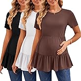 Ekouaer 3 Pack Women's Maternity Shirts Short Sleeve Ruffle Pregnancy Clothes Blouse Peplum Babydoll Tops Casual Mama Tee