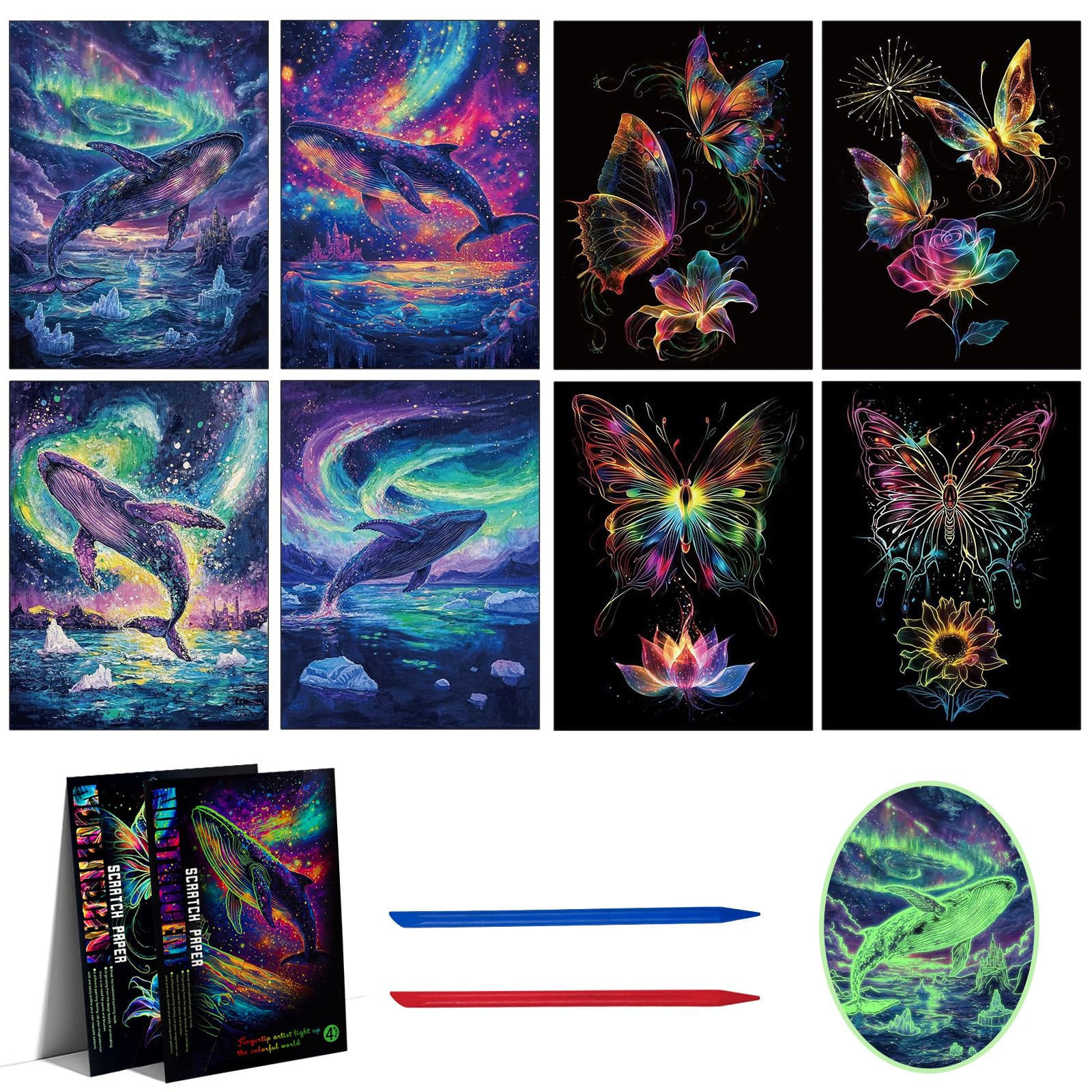 NICKLIN 8Pcs A4 Scratch Art Paper for Adults,Glow in The Dark Scratch Art Rainbow Painting Paper, Magic Rainbow Cards Birthday Present Creative Crafts Set with Tools