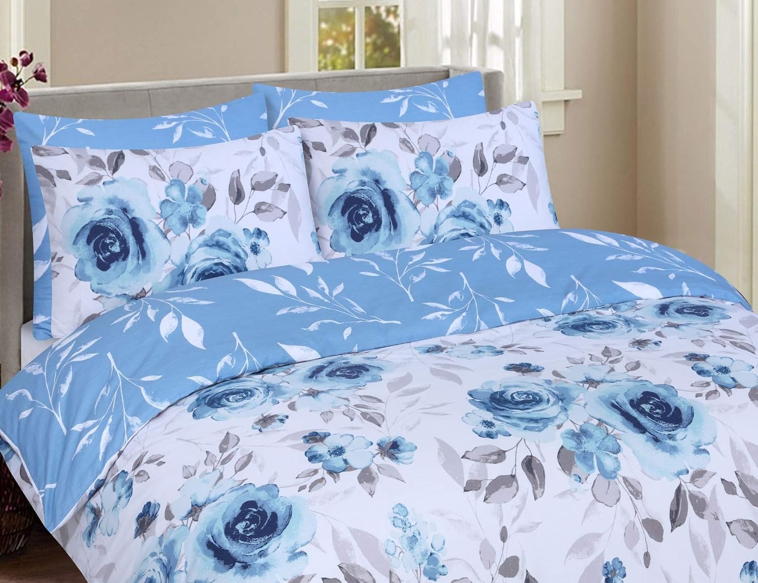 DTEX HOMES King Size Duvet Cover Sets 100% Pure Cotton Reversible Printed Hotel Quality Duvet Cover Ultra Soft Easy Care bedding sets king size Super Soft and Luxury Duvet Cover Sets (Roses Blue) - Image 4