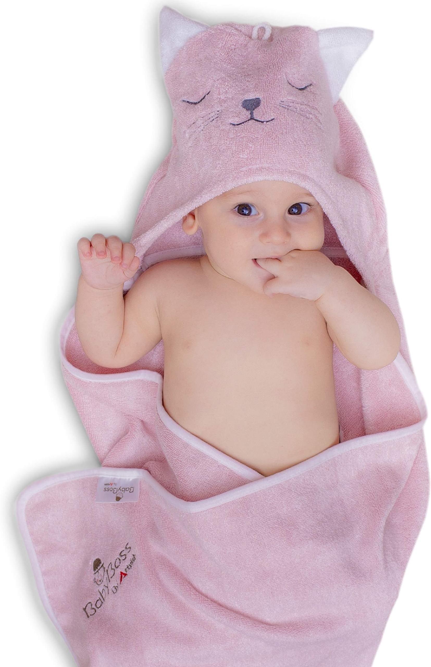 Premium Hooded Baby Towel, Organic Bamboo, with Baby Bib or Gloves,, 35x35 for Newborns Infants Toddlers & Kids, for Boys and Girls at Bath Pool/Beach, Better Than Cotton(Pink)