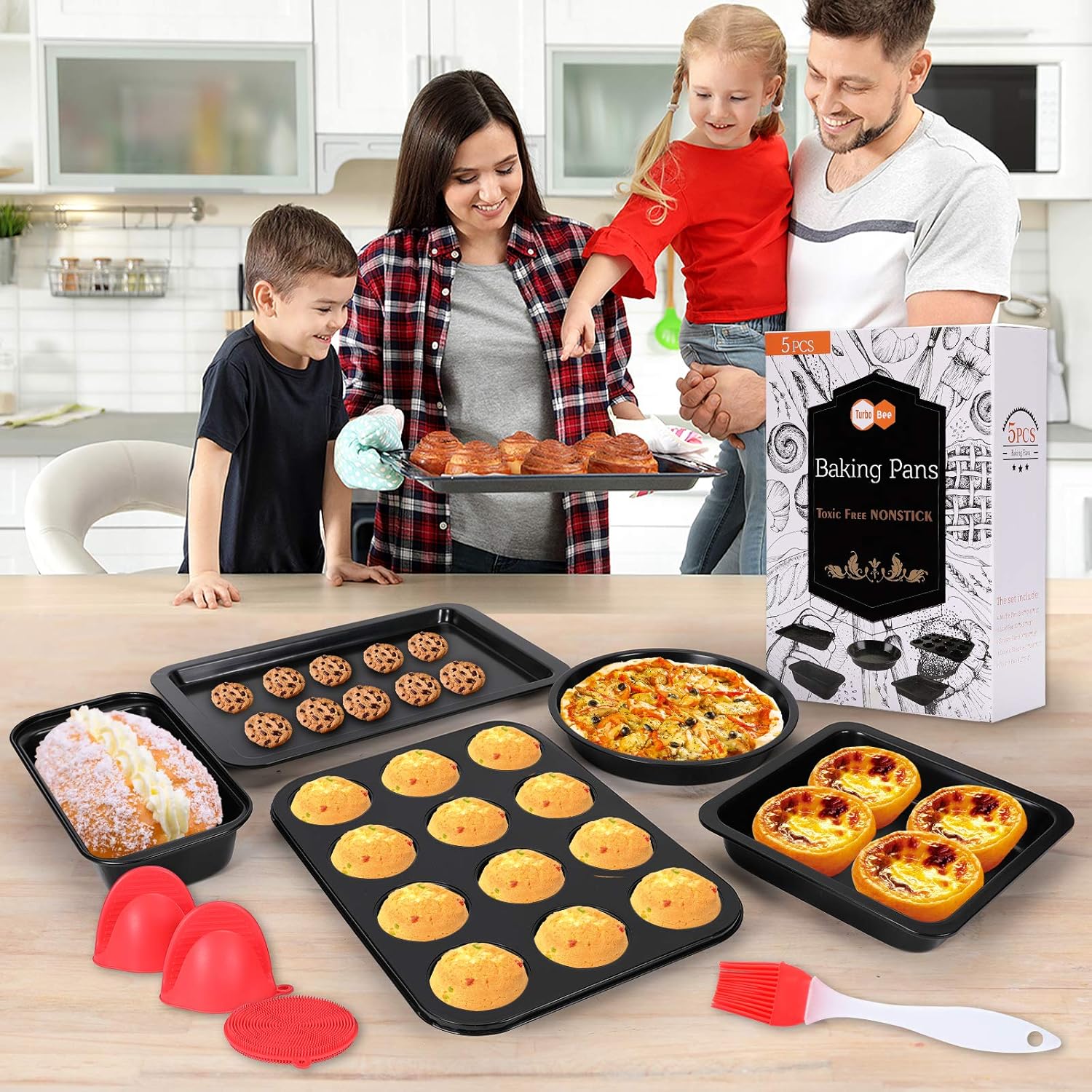 5 Pcs Nonstick Bakeware Set, Carbon Steel Baking Set Include Loaf Pan, Cookie Sheet, Loaf Pan, Square Pan, Round Cake Pan, 12 Cups Muffin Pan, 2 Mini Oven Mitts, 1 Round Dish Sponge and 1 Basting Brush: Kitchen & Dining