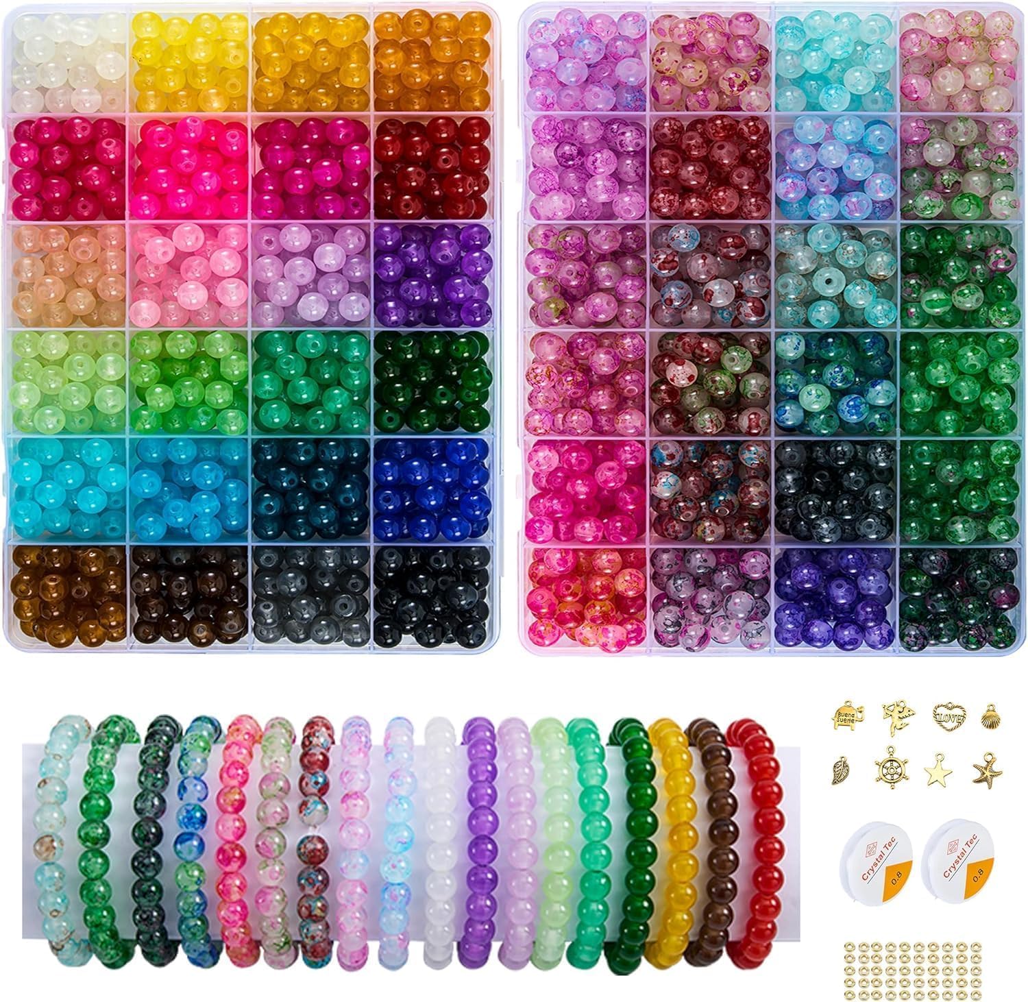 Photo 1 of ?2 Pack? More Than 1300PCS Round Glass Beads for Jewelry Making,48 Colors 8mm Crystal Beads for Bracelets Jewelry Making and DIY Crafts, 2 Box Round Beads Suitable for Beginners. (Solid+Printing)
