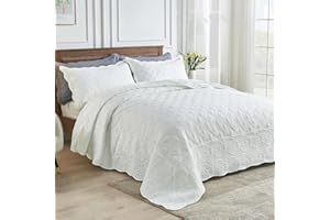 SUCHBED Alaskan King Bedspread Set Oversized King Bedspreads 132x120 inches Extra Wide King Quilt Set Lightweight Coverlet with Shams Grid & Damask Quilted Bedspread Floor Length King, White