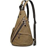 SUIKIHUM Vintage Canvas Sling Bag with Genuine Leather Zipper, 3 in 1 Crossbody, Backpack, and Chest Bag, for Travel, Hiking, 16x10x6 Inches, Coffee