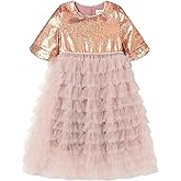 Mud Kingdom Princess Girls Layered Tulle Dress Short Sleeve Sparkles Sequin Dresses Casual