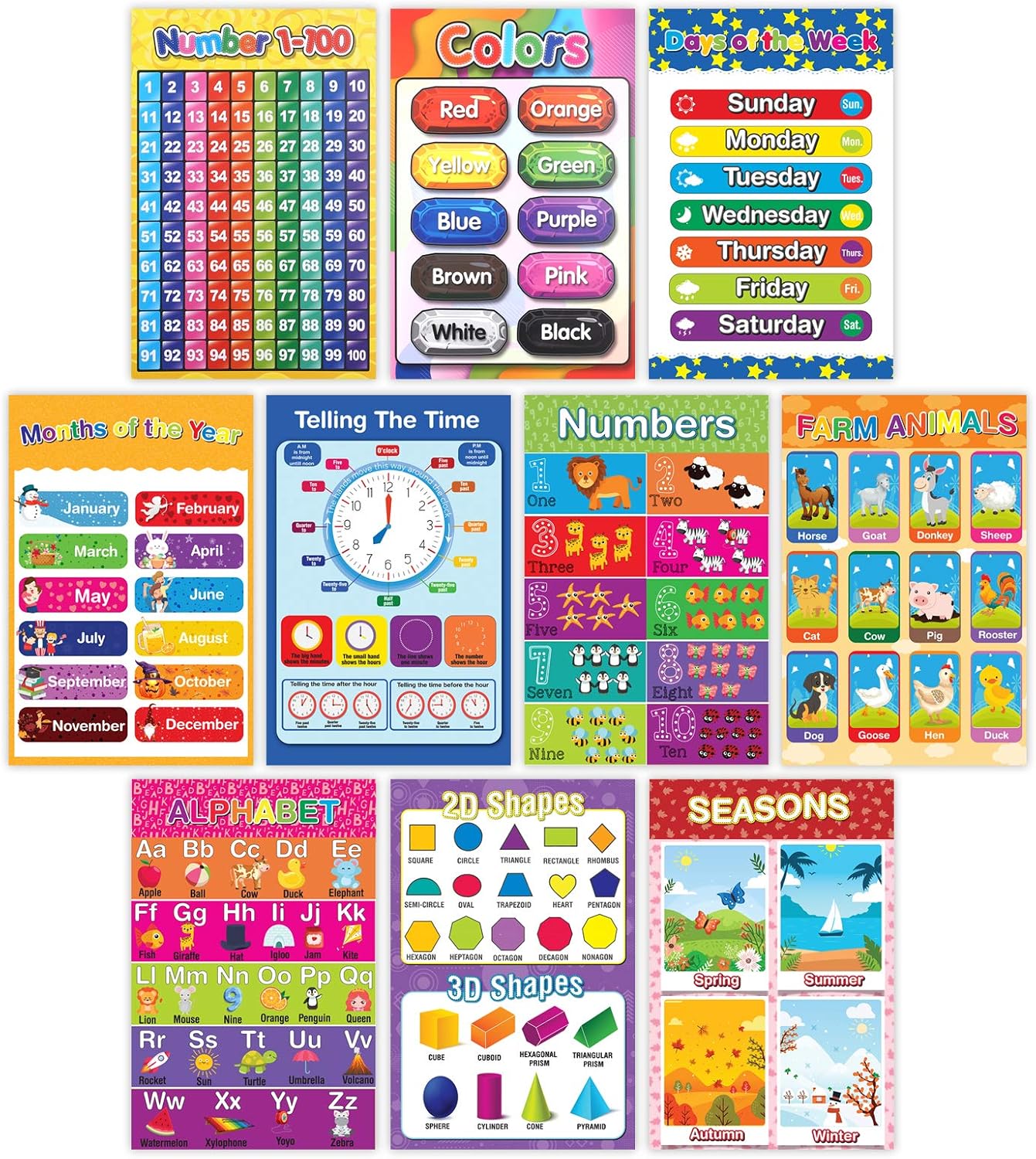 Educational Preschool Learning Poster for Toddler, Pre-K, Kindergarten, Daycares, Classroom, Homeschool Teachers - Incl Alphabet, Colors, Shapes, Numbers, Farm Animals and More - 16 x 11 Inch, 10 Pcs