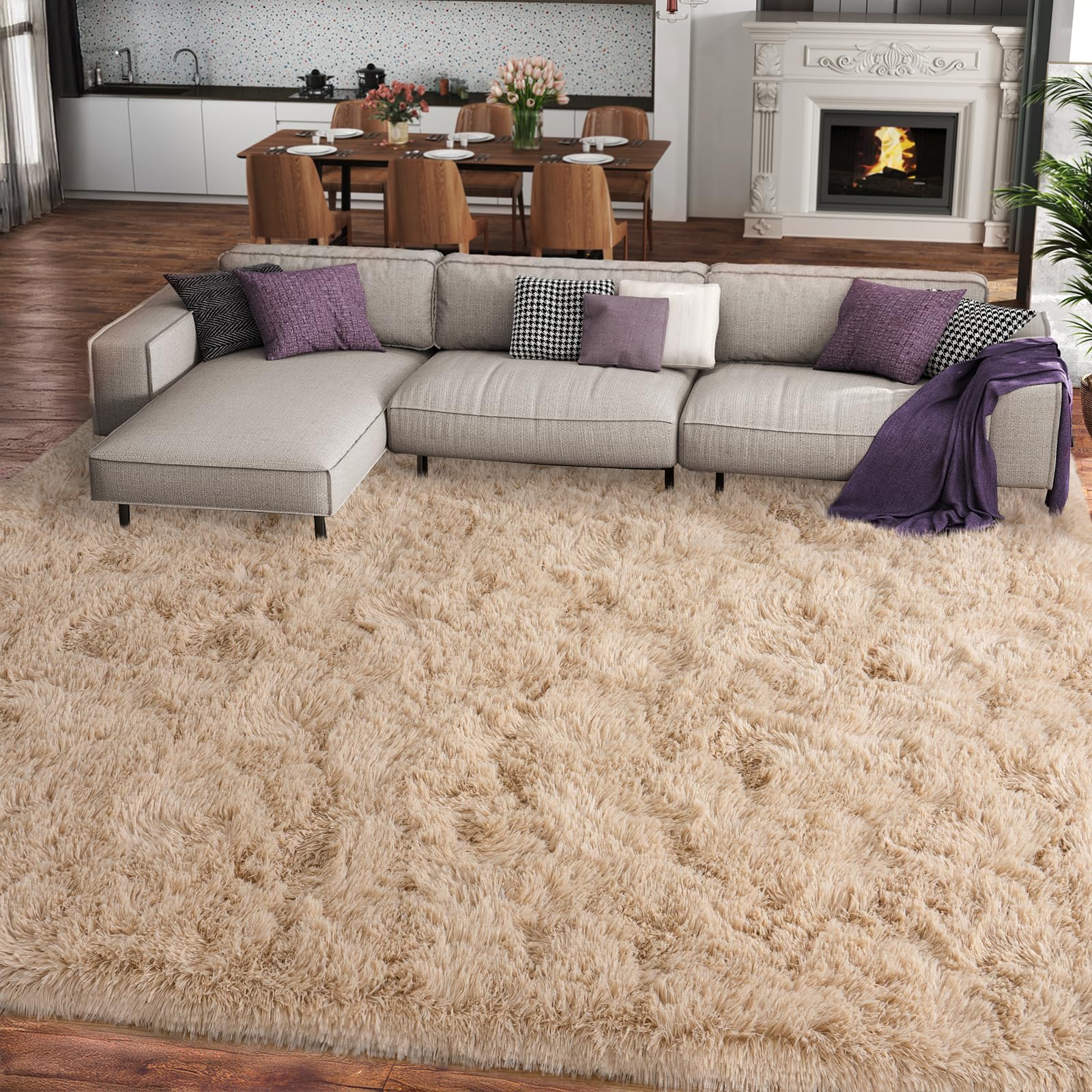 Photo 1 of Ailyei 8x10 Large Area Rugs for Living Room, Ultra Soft Beige Big Shag Rug for Bedroom Nursery, Modern Fluffy Plush Carpet for Girls Boys Kids Room Dorm Home Decor, Upgrade Non-Slip