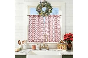 jinchan Snowflake Plaid Christmas Curtains 36 Inch Length Cafe Curtain Red Faux Canvas Textured Knit-Look Tier Curtains Holiday Christmas Decorations for Living Room Small Windows Rod Pocket 2 Panels