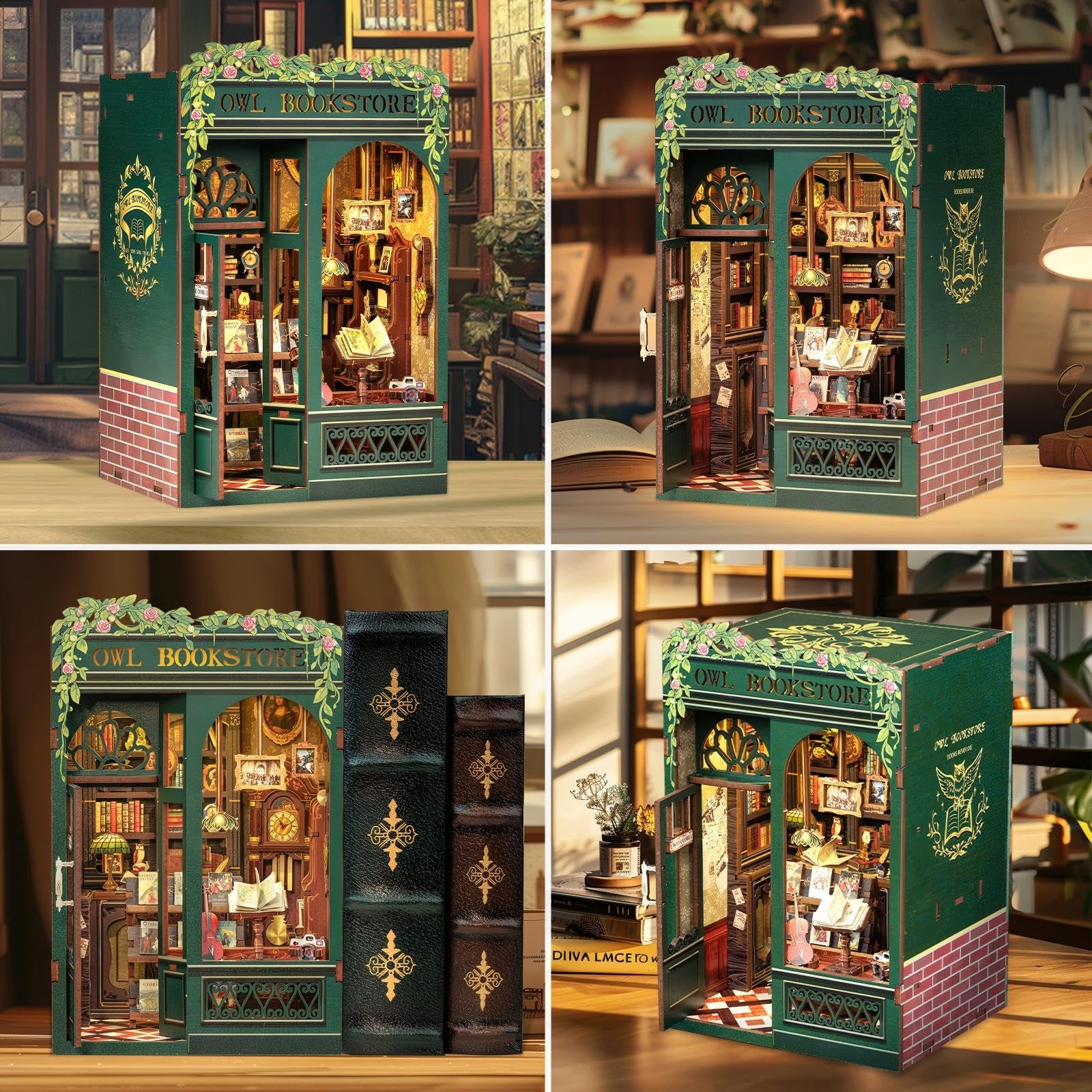 Fsolis Book Nook Kit, DIY Scene Miniature House Kit Tiny House Mini Booknook Craft Bookshelf Decor, 3D Puzzles for Adults, 139 Wooden Pieces, Scale Library Model, Gifts for Book Lovers（OWL Bookstore）