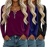 Oakgarden 3 Pack Women's Henley Button Shirts Long Sleeve Tops Fall T-Shirts 2026 Casual Trendy Loose U Neck Tee Blouses